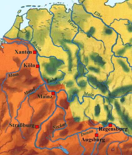 Karte: Römisches Gebiet und Germanien um 200 n. Chr