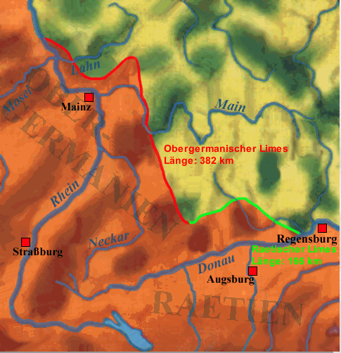 Karte: Obergermanische-Rätischer Limes um 200n. Chr.